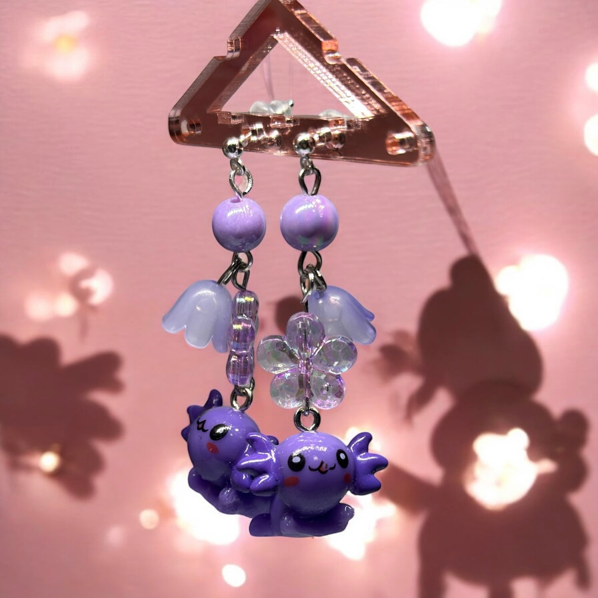 Purple Axolotl earrings | 3d animal dangle earrings | cute kawaii art | sea creature earrings