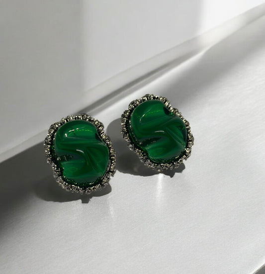 Emerald green resin earrings | silver frame with rhinestone irregular shaped earrings | modern retro party earrings | oversize stud earrings