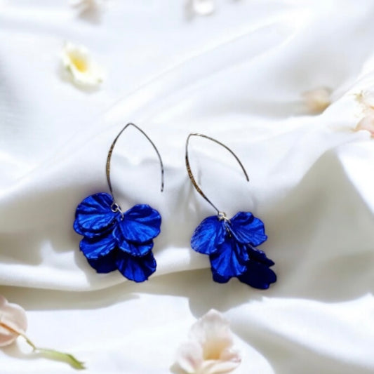 Royal blue iridescent flower earrings | gold shinny shell petals dangle earrings |unique floral earrings | bridal party wedding earrings