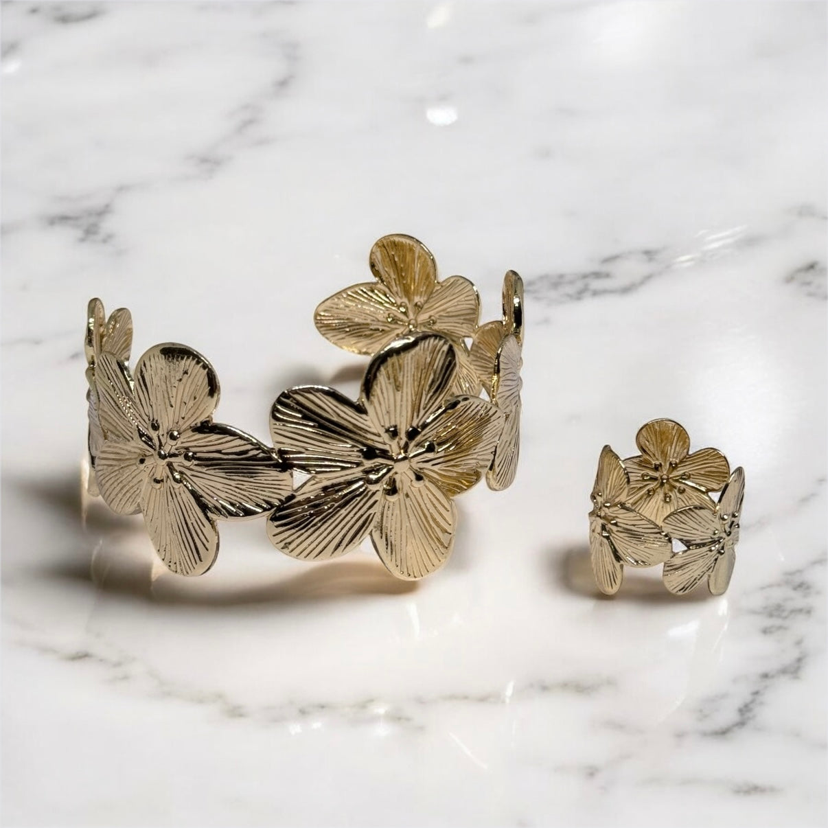 Golden flower bangle and ring set | adjustable