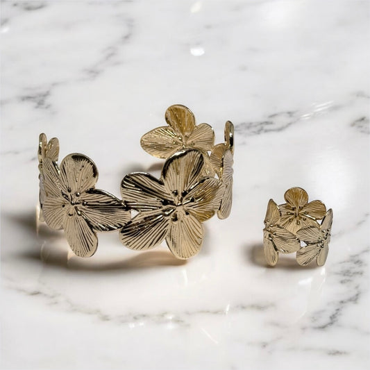 Golden flower bangle and ring set | adjustable