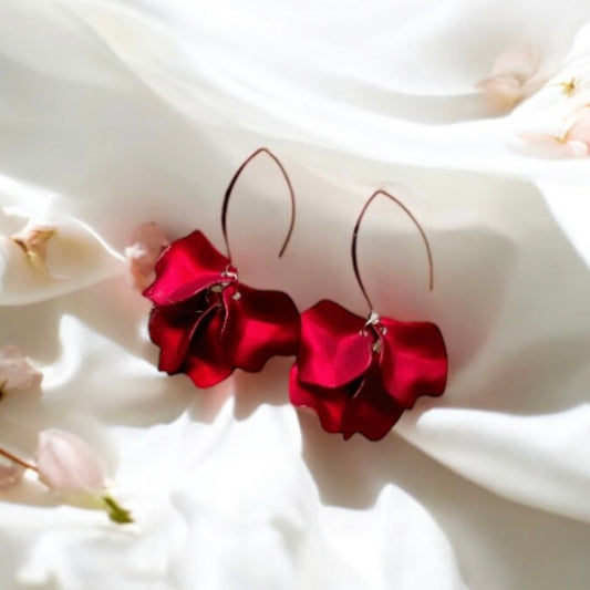 Hot red flowers earrings| bridal party wedding earrings | unique iridescent earrings | golden crumpled floral earrings