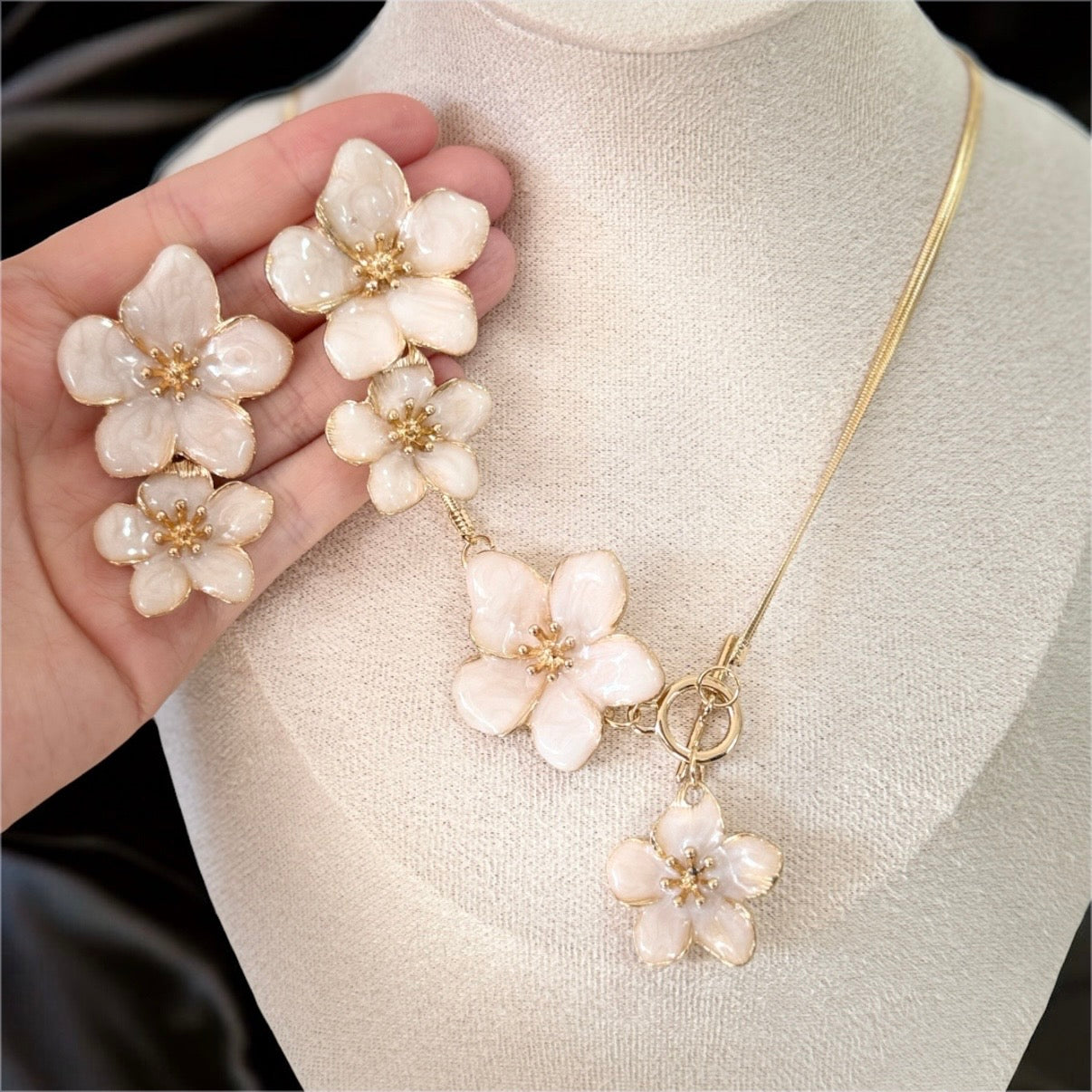 Gold tone flower pendant necklace with pearl flowers with gold chain and earrings set