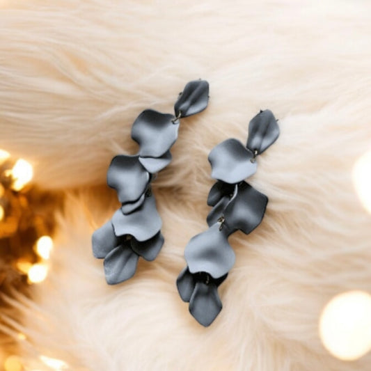 Grey matte flower earrings | dangle petals statement earrings | unique golden bar floral earrings | bridal party wedding earrings