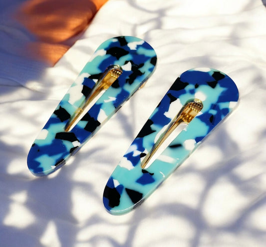 Colourful resin tortoise shell barrette clips in pairs | marble effect hair clips | confetti bright aqua blue acetate hair clip