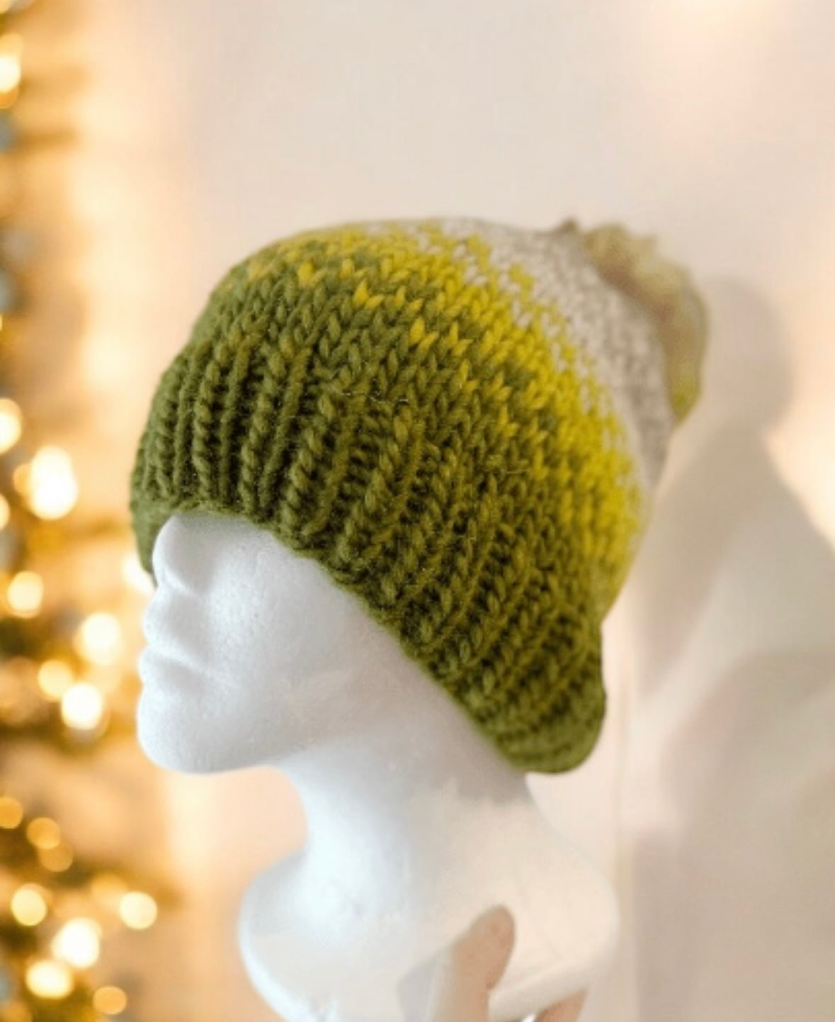 Handknit chunky Beanie | alpaca wool Beanie | large Fur Pom Pom Hat | Winter knit hat | Earthy green yellow slouchy hat