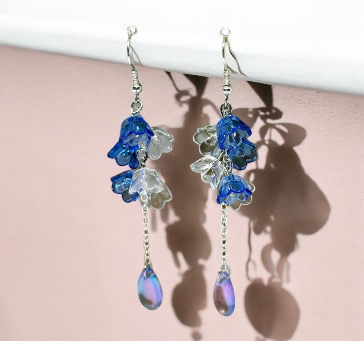 Blue and clear flower earrings | golden leaf mini flower earrings | elegant floral dangle chain earrings