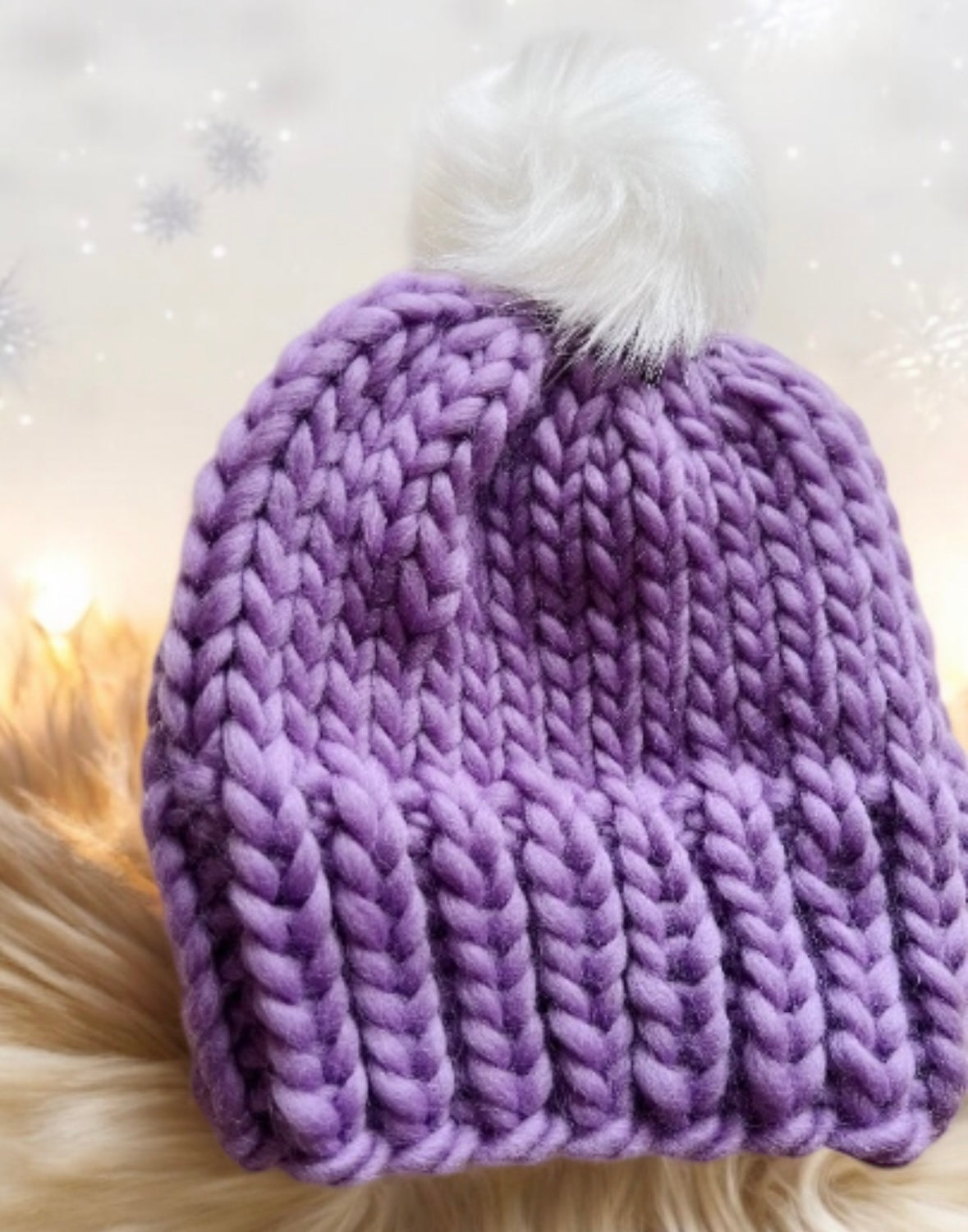 Super chunky faux fur pompom slouchy hat | knit winter beanie | cozy warm knit hat | super soft merino purple hat