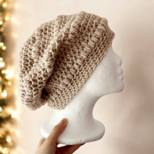 Beige crochet Slouchy Beanie | Chrochet Beret | Slouchy Hat in brown | Knit beanie in yellow | cozy winter beret hat