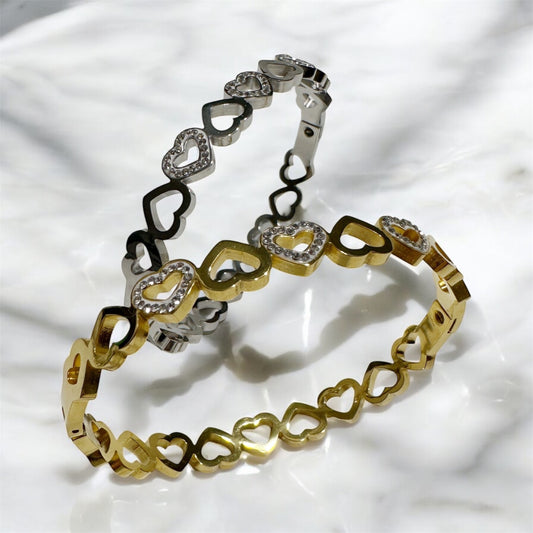 Gold or silver heart bangles | rhinestones embossed | shinny bangle