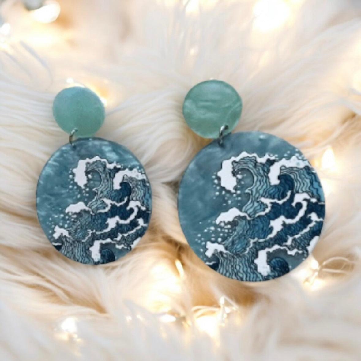 Ocean Blue circle shaped earrings with blue waves | stormy sea dangle earrings | oriental style decor drop earrings| cute kawaii earrings