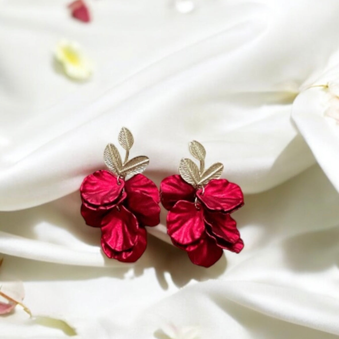 Hot red iridescent flower earrings | dangle petals baroque earrings | unique golden floral earrings | bridal party wedding earrings