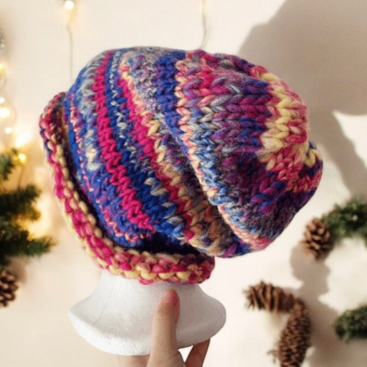 Handknit Colourful Chunky Beanie | Slouchy rainbow candy colour hat | Wool knit fluffy soft beanie | Candy crush ombre