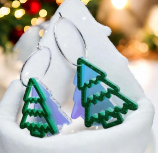 Iridescent Christmas tree earrings | light acetate laser cut | glitter green earrings | christmas party earrings