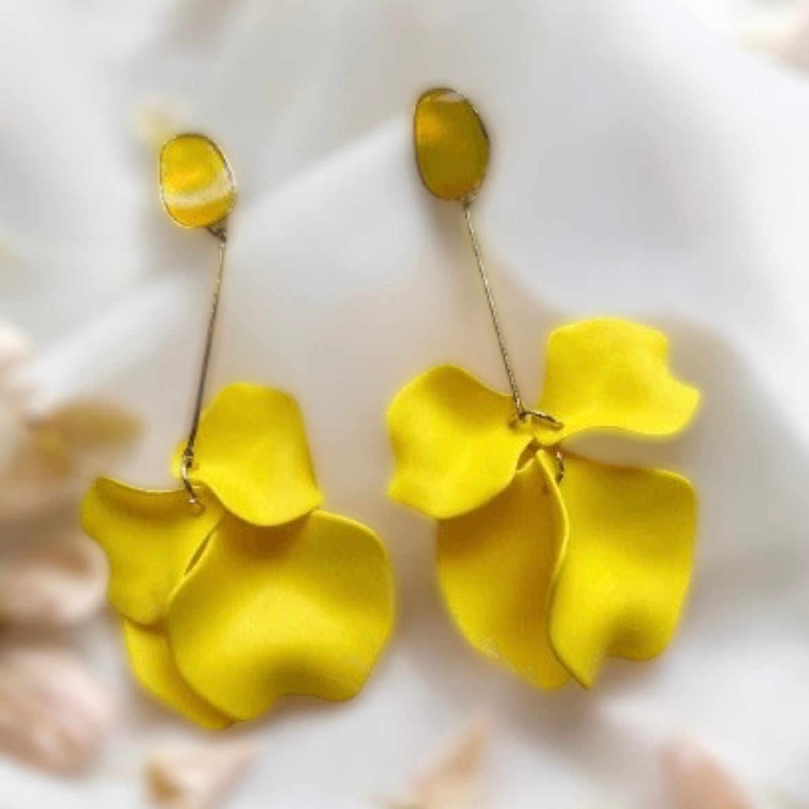 Bright yellow flower earrings | matte petals earrings | golden bar floral earrings | bridal party wedding earrings