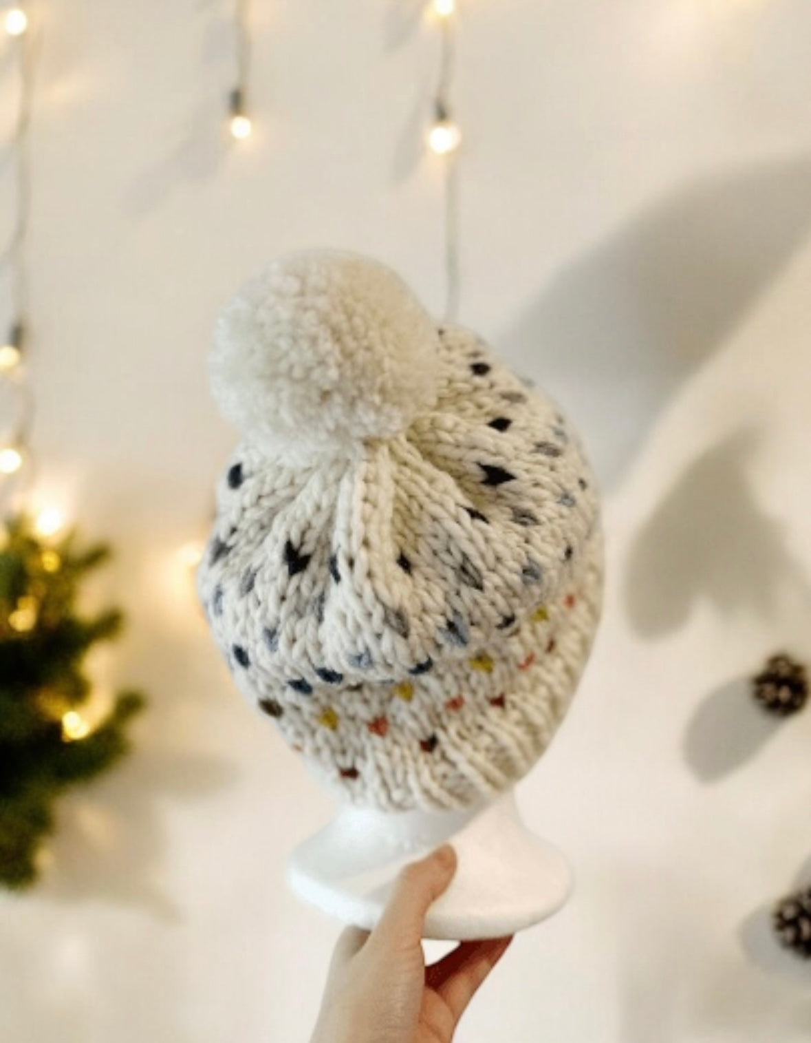 Handknit colourful dots pompom Beanie | rainbow candy colour hat | chuncky white beanie | Colour of Autumn season