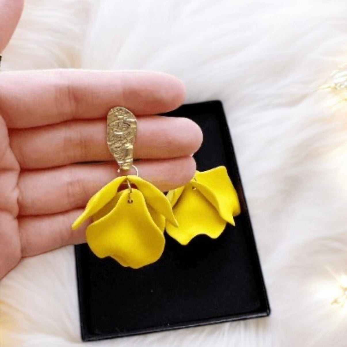 Bright yellow flower earrings | matte petals earrings | golden floral unique statement earrings| bridal party wedding earrings