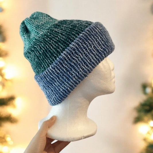 Knitted beanie in blue and green | Winter knitted double layered hat | autumn style | cozy winter hat| men or women