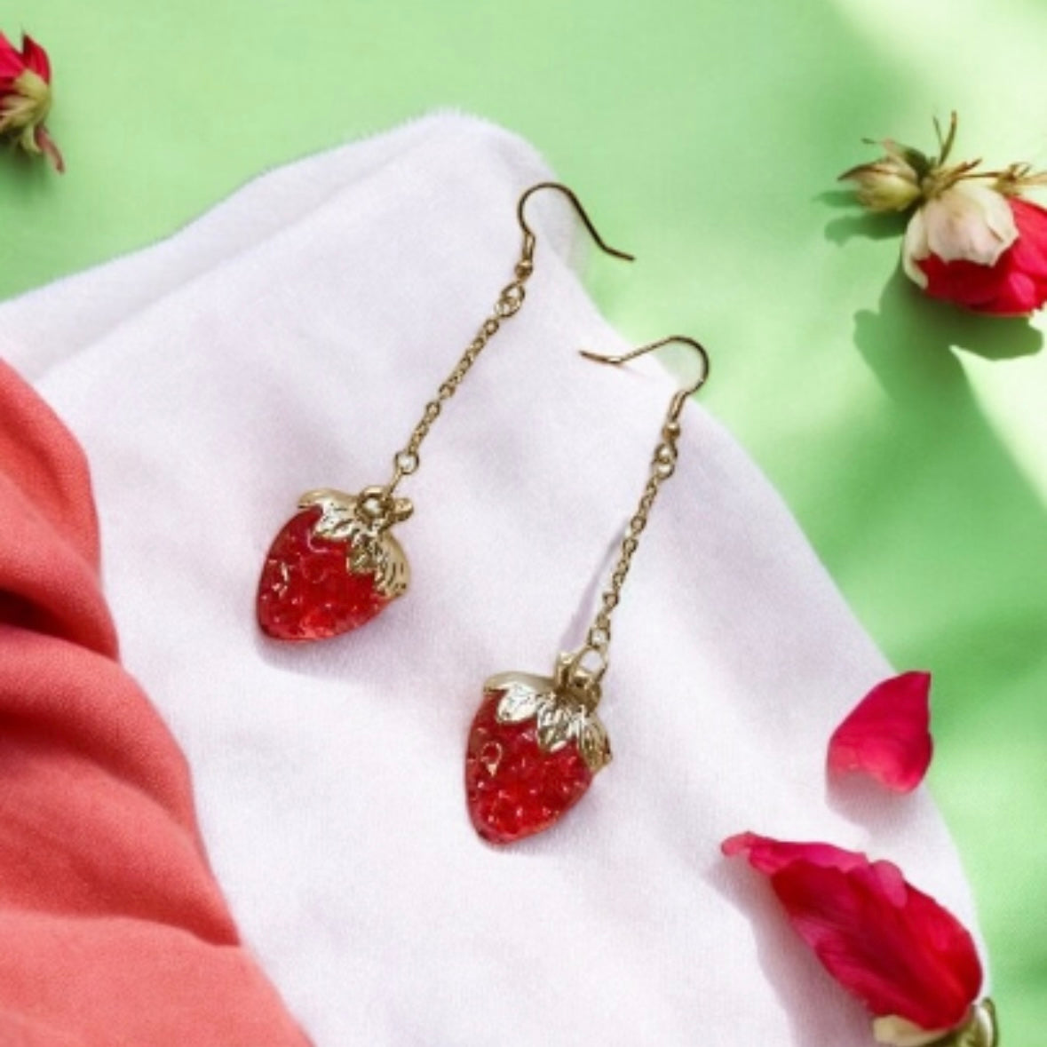 3D red strawberry dangle earrings | fruits dangle earrings | oversize statement | cute kawaii earrings | burgundy red berry petals