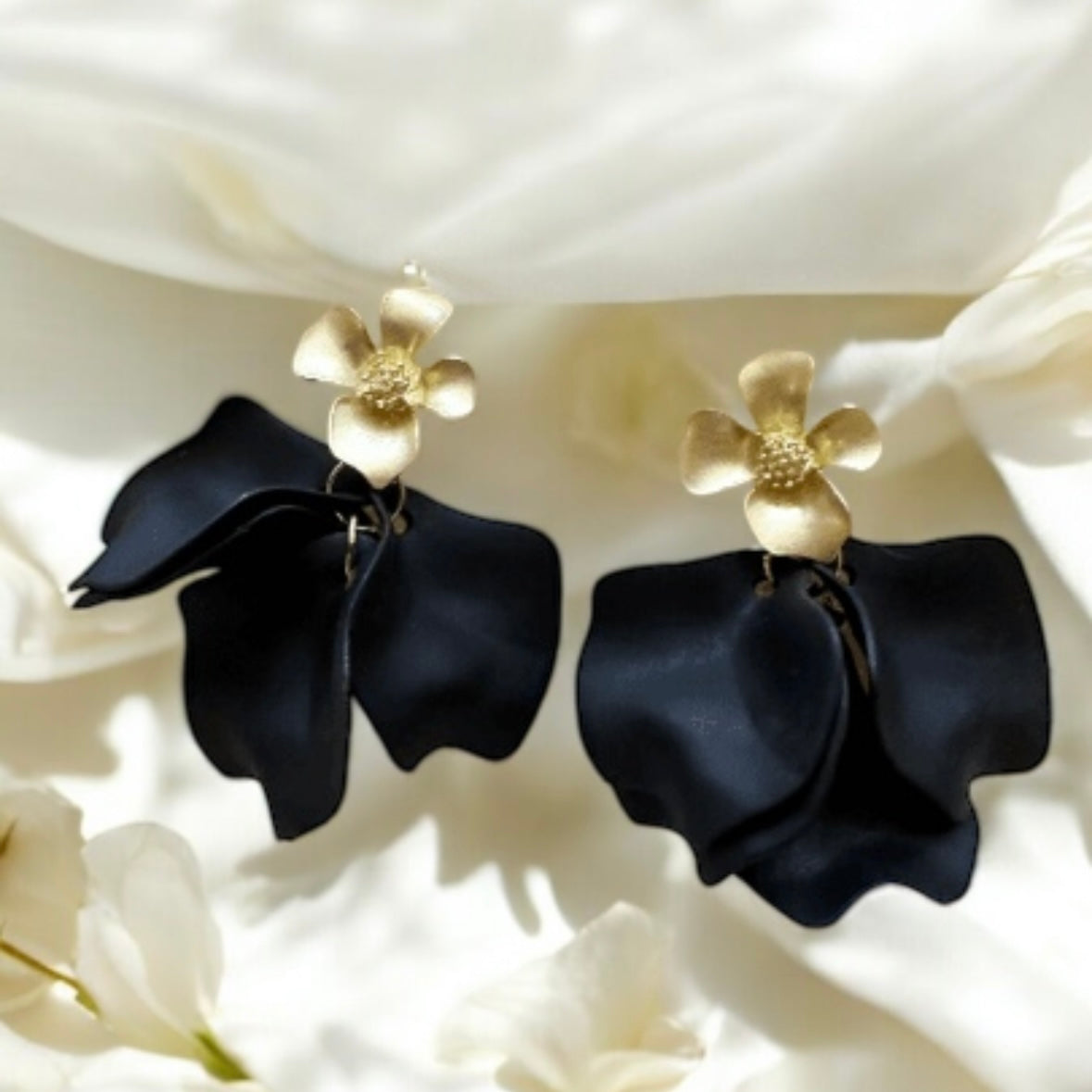 Pure black flower earrings |dangly earrings | matte petals bar statement earrings | unique gold bridal floral earrings