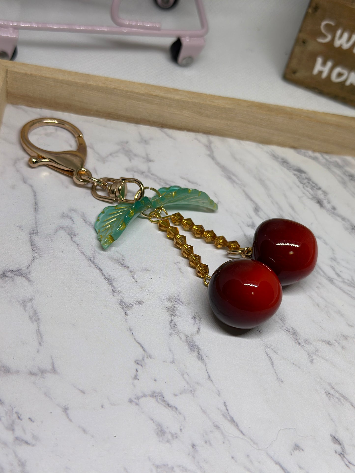 Cherry bag charm | key chain | golden chain with flowers and leaf