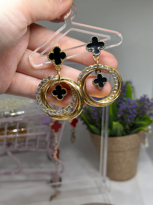 Golden clover earrings | rhinestone elegant earrings