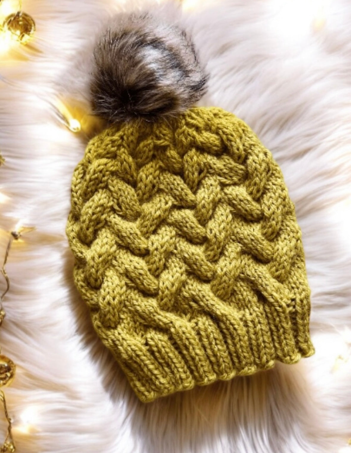 Handknit Cable Brim Beanie | Knit Beret | Slouchy Hat in mustard | Knit beanie in yellow | Fluffy cozy fur pom pom winter hat