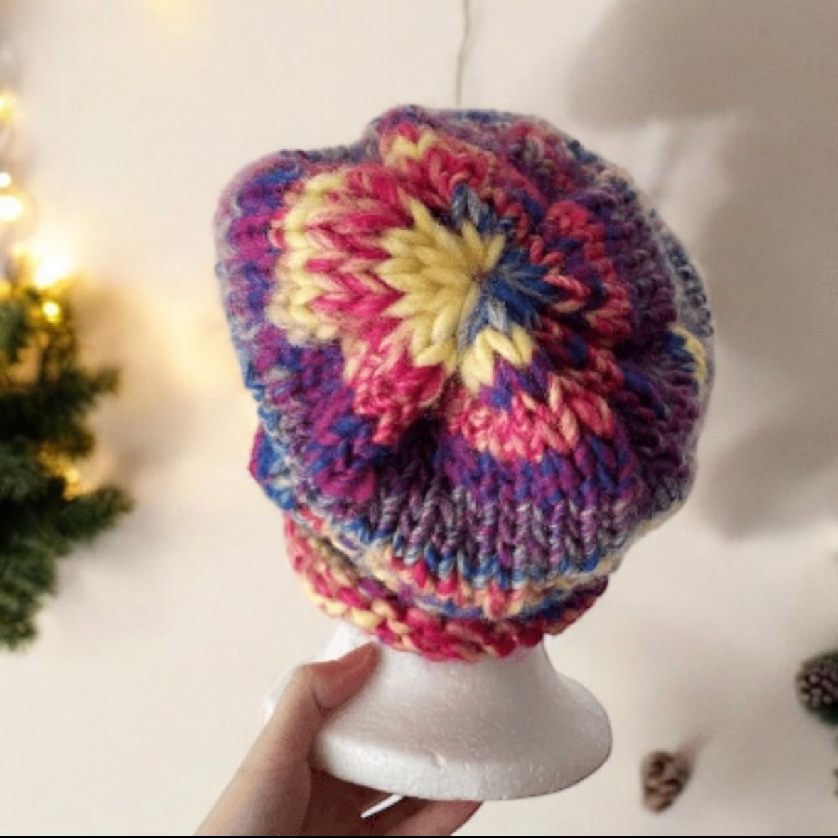 Handknit Colourful Chunky Beanie | Slouchy rainbow candy colour hat | Wool knit fluffy soft beanie | Candy crush ombre