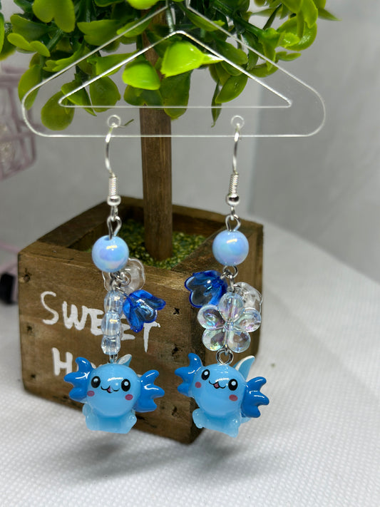 Blue Axolotl earrings | 3d dangle earrings | sea creature earrings