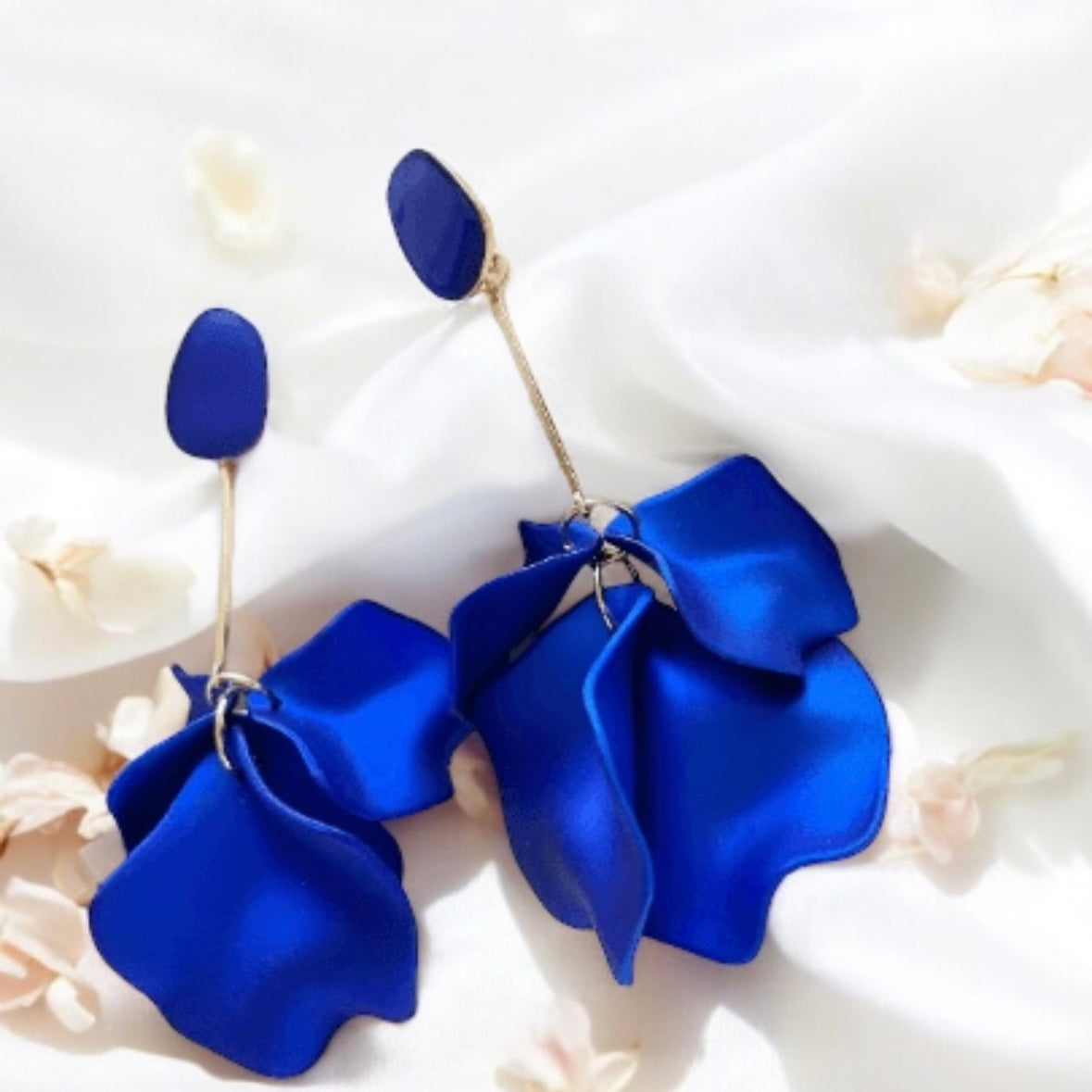 Royal blue iridescent flower earrings | rose petals statement earrings | unique golden bar floral earrings | bridal party wedding earrings