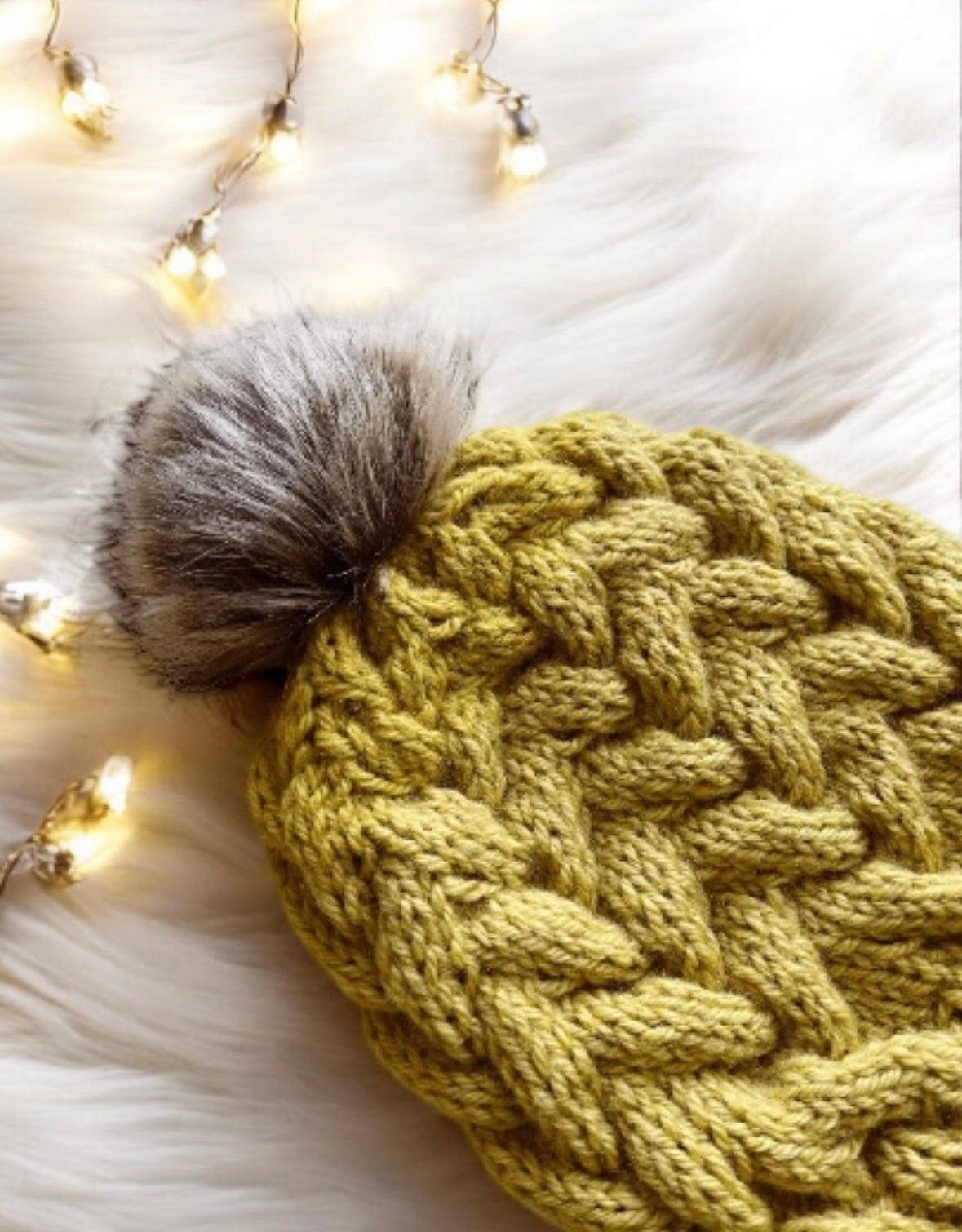 Handknit Cable Brim Beanie | Knit Beret | Slouchy Hat in mustard | Knit beanie in yellow | Fluffy cozy fur pom pom winter hat