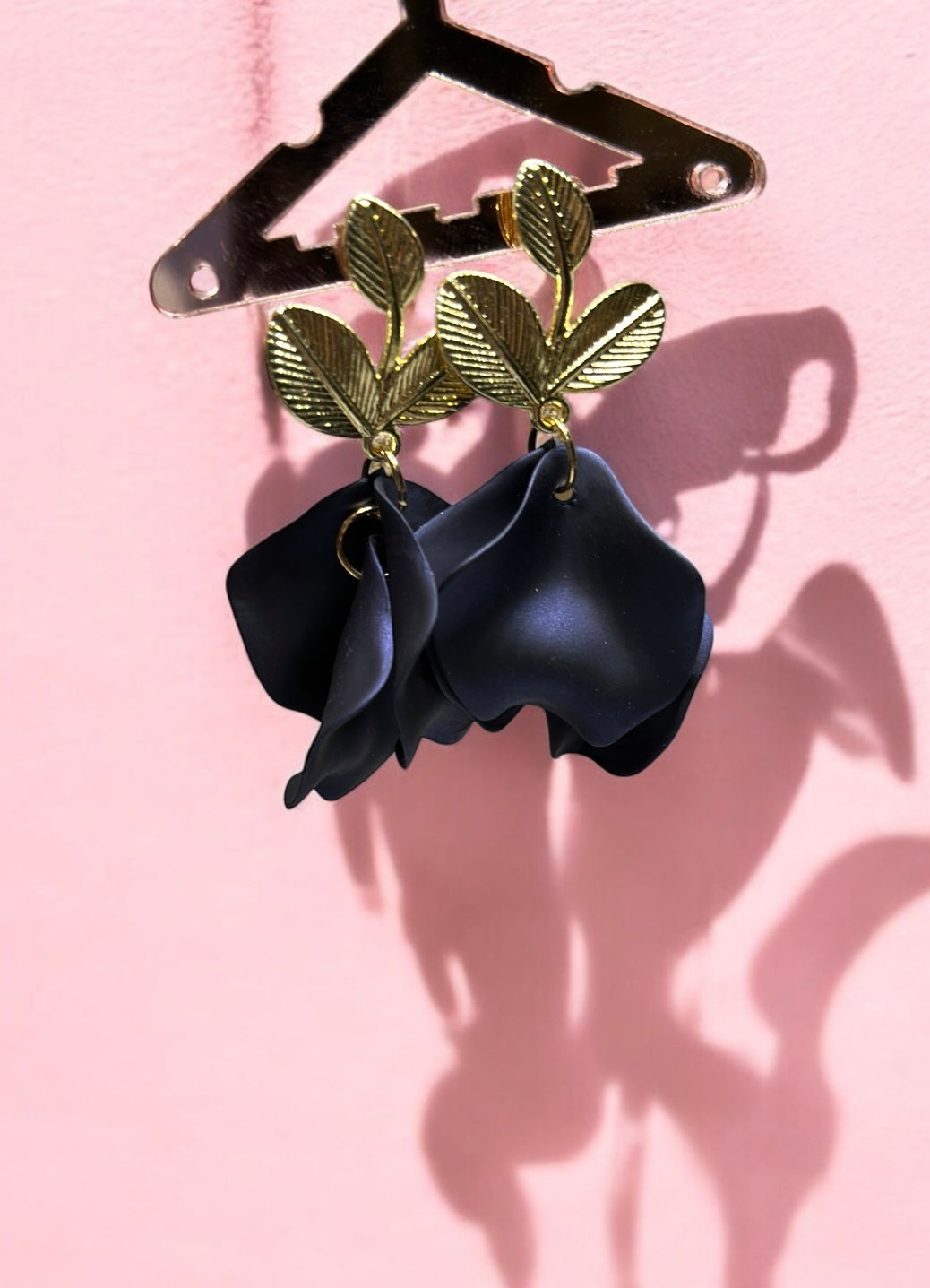 Navy iridescent flower earrings | golden leaf style earrings