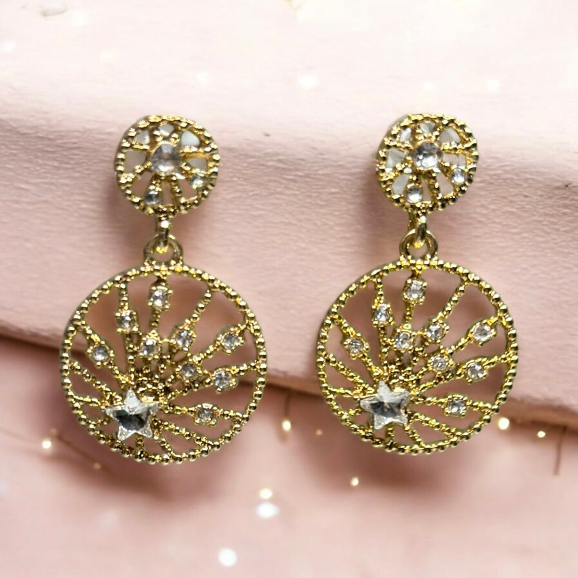 Gold moon and star earrings with colourful rhinestones | Gold diamante dangle earrings | Glitter Statement earrings | Celestial earrings