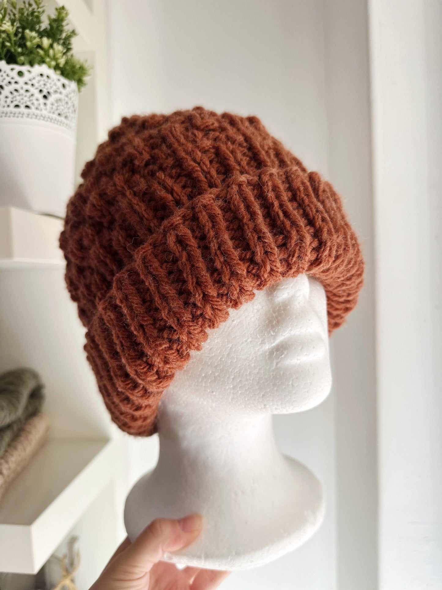 Handknit Chunky Patterned Beanie | Knit Beret | Foldable brim in saffron | Knit beanie in coffee | Fluffy and cozy winter hat