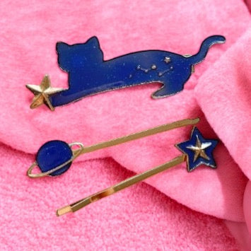 3 pack Celestial kitty hair clips| blue moon stars constellation planet | korean hair accessories | enamel glitters hair pin |cat lover gift