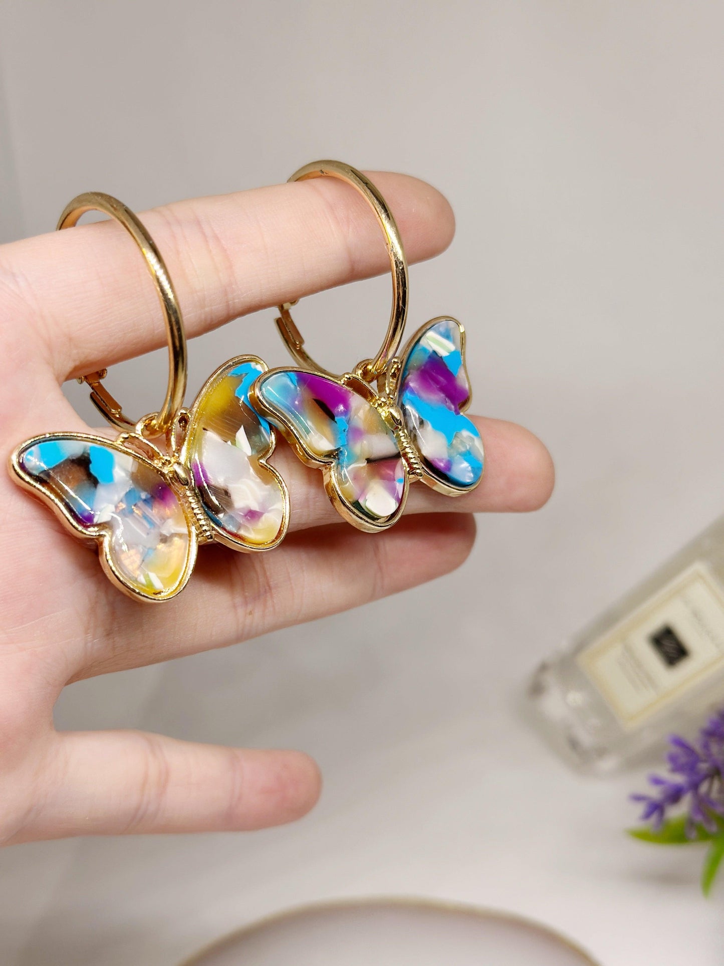 Rainbow coloured butterfly fairy wings earrings | Dangle aesthetic earrings | cicada wing decor party earrings