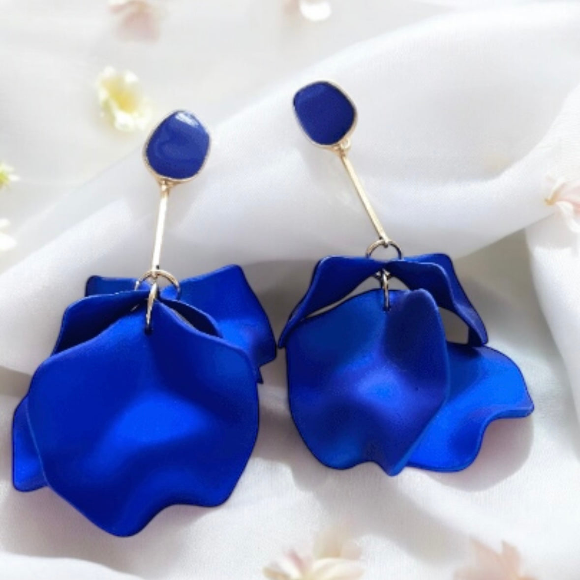 Royal blue iridescent flower earrings | rose petals statement earrings | unique golden bar floral earrings | bridal party wedding earrings