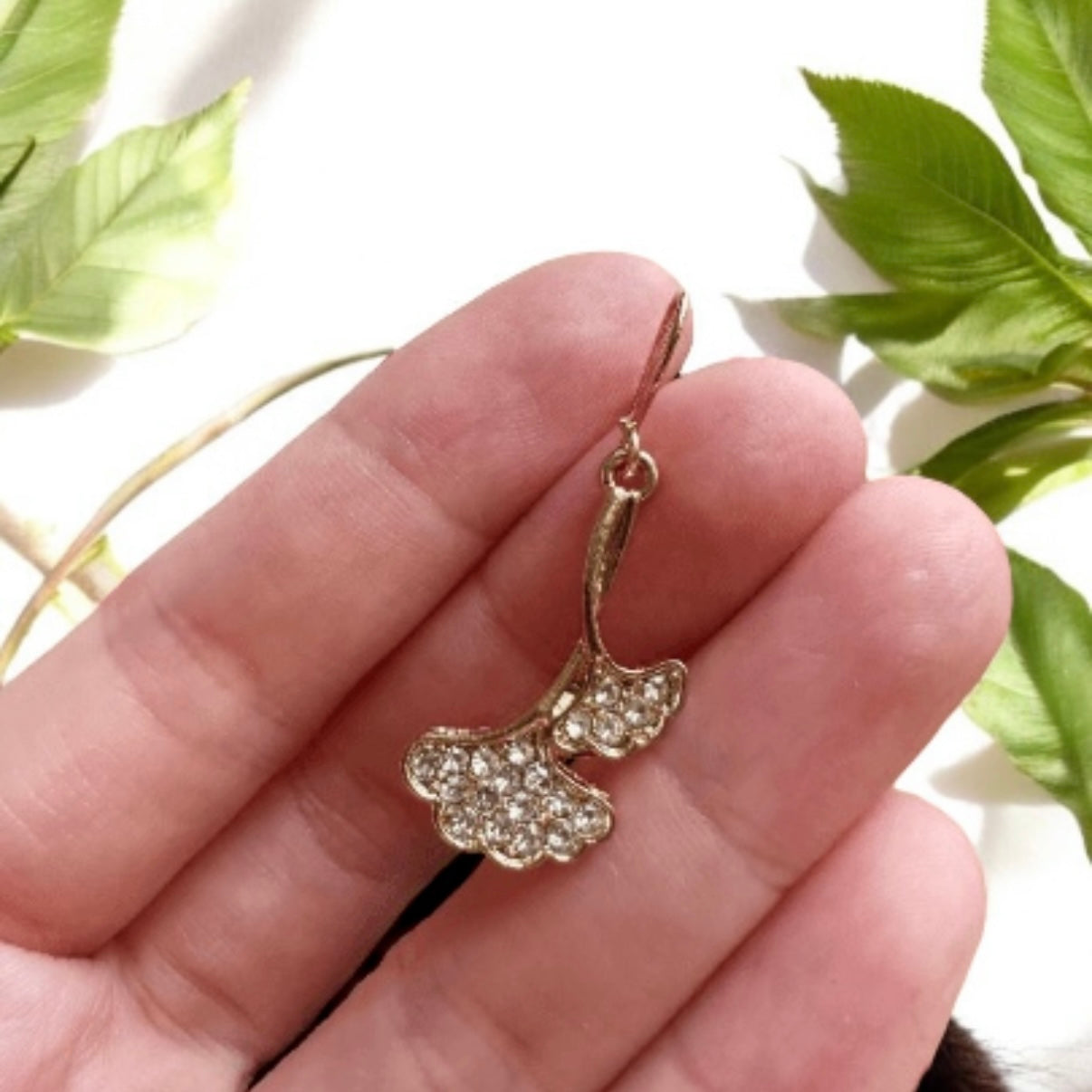 Ginkgo leaf Flower Gold statement earrings | mini rhinestone dangly drop earrings | floral geometric earrings | Korean earrings