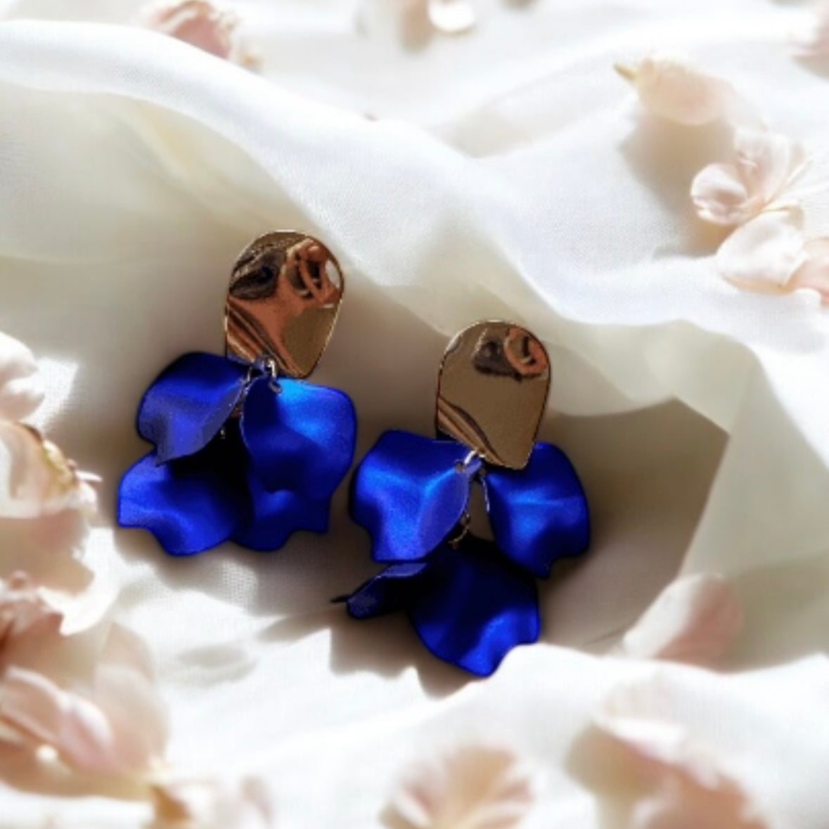 Royal blue flower earrings | iridescent petals dangle earrings | unique golden spiral floral earrings | bridal party wedding earrings Inactive