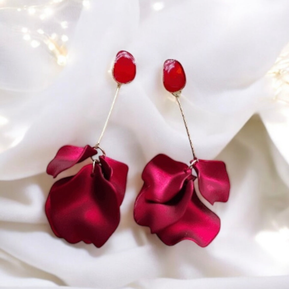 Hot red iridescent flower earrings | dangle petals baroque earrings | unique golden chain floral earrings | bridal party wedding earrings