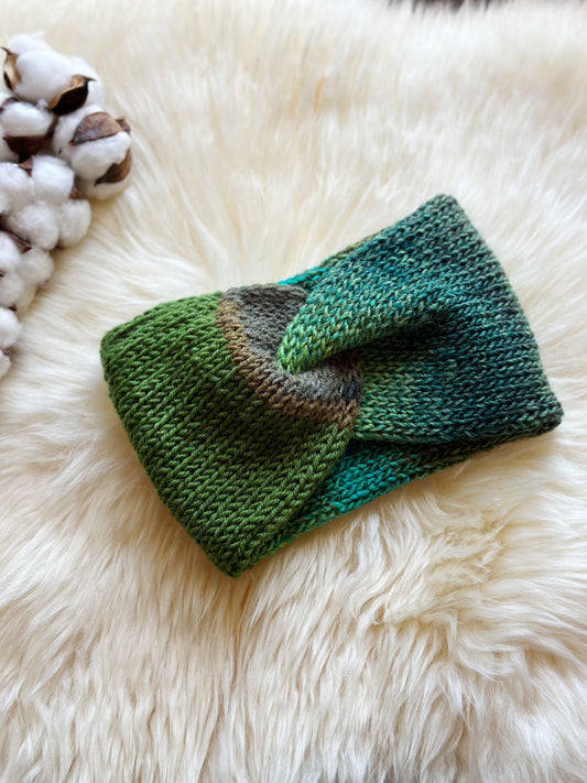 Green Knit headband | winter ear warmer | colourful turban | twisted head band | wool knit cozy messy bun beanie | casual autumn wear