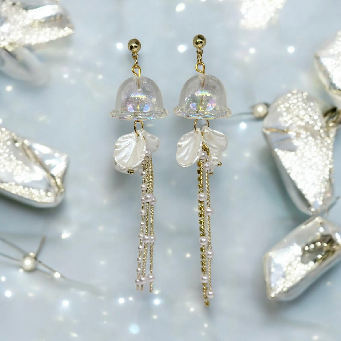 White sparkly clear Jellyfish earrings | sea creature zoology earrings | colourful clear rhinestones dangle earrings | halgoram fun y2k earrings