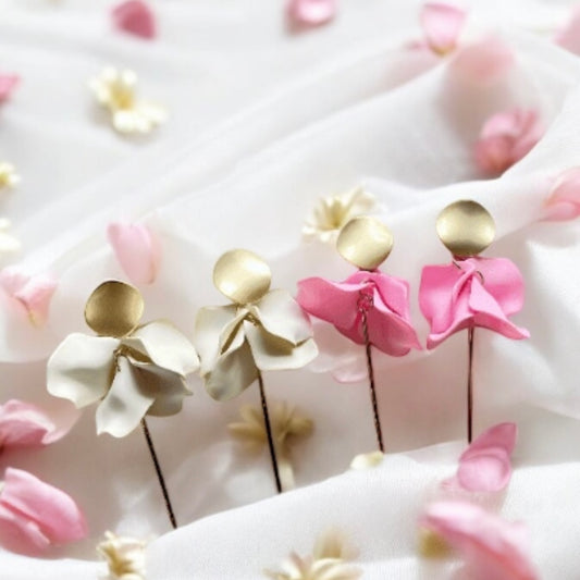 Pink or white flower earrings |dangly earrings | frosted petals hoop statement earrings | golden disc geometric floral bridal earrings