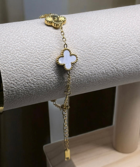 Golden bracelet with clover charm white and gold colour | stainless steel shinny decor bracelet