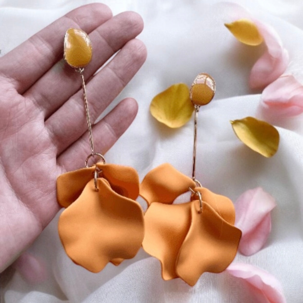 Light orange matte flower earrings | dangle petals statement earrings | unique golden bar floral earrings | bridal party wedding earrings