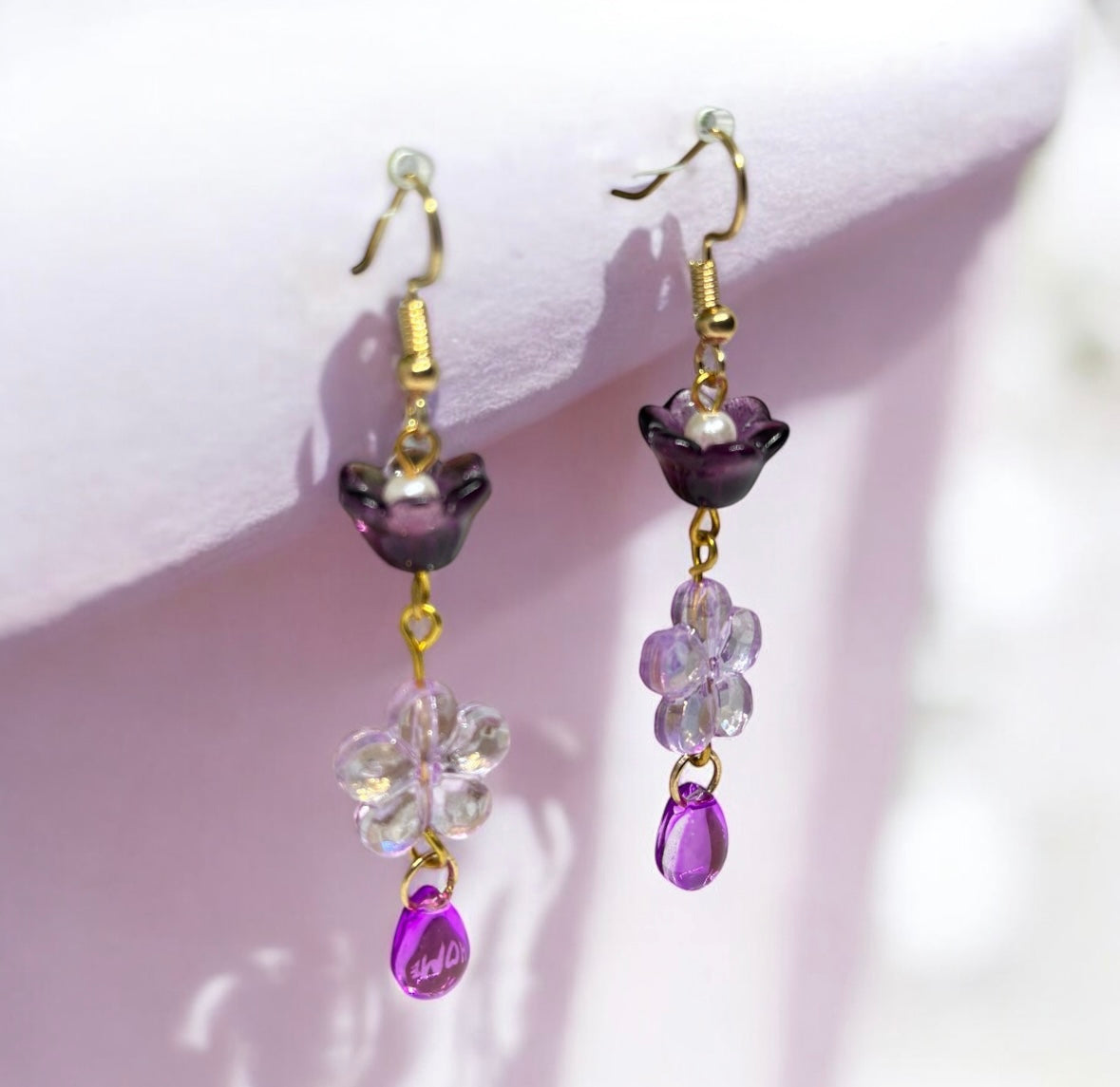 Purple flower earrings | golden leaf mini flower earrings | elegant floral dangle chain earrings