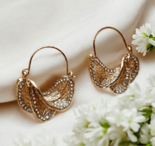 Rhinestone irregular shaped earrings| metal geometric earrings | gold art abstract statement stud earrings | open hoop O twisted earrings