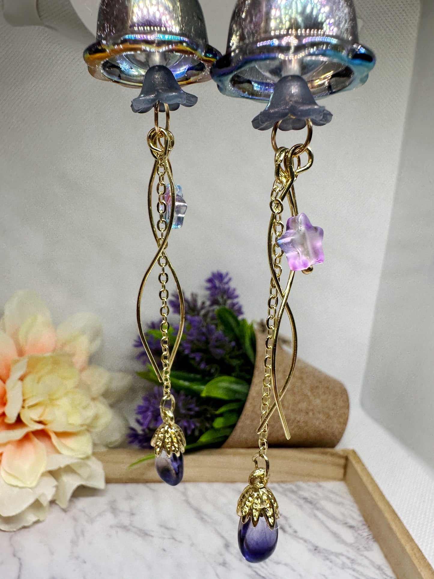 Navy blue sparkly clear Jellyfish earrings | sea creature zoology earrings | colourful clear iridescent dangle oversize earrings | halgoram fun y2k earrings