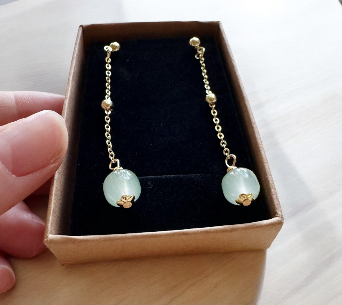 Gold statement earrings with pearl and stone |dangle pearl drop earrings | translucent green stone drop earrings | Korean dangly beads earrings