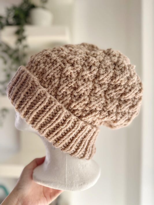 Handknit Chunky Patterned Beanie | Knit Beret | Foldable brim in beige sand colour | Knit beanie in coffee | Fluffy and cozy winter hat